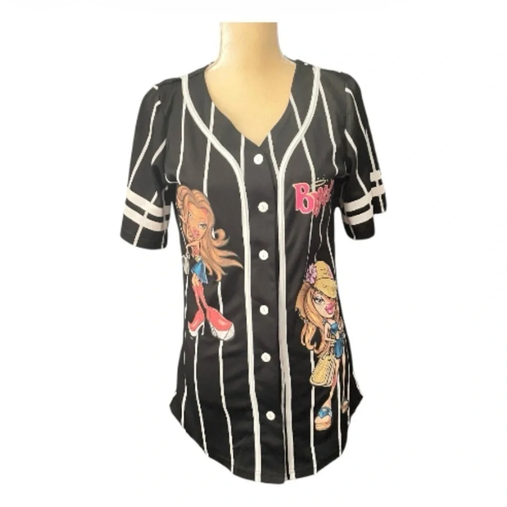 Bratz Baseball Jersey Graphic Shirt Black White Pinstripe Y2K Style